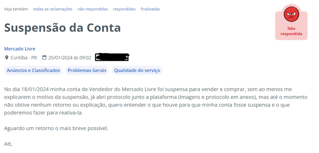 suspensão de conta do mercado livre